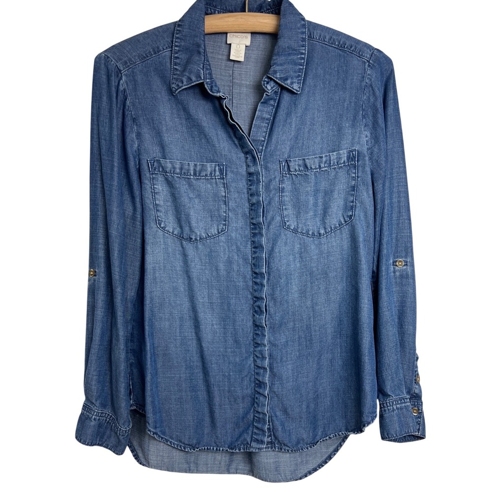 Chico's Button Front Denim Shirt Women 0 Blue Lyocell Roll Tab Sleeve Casual D27